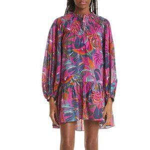 Farm Rio Rainbow Macaws Mini Dress Bird Print Long Puff Sleeve Ruffle
